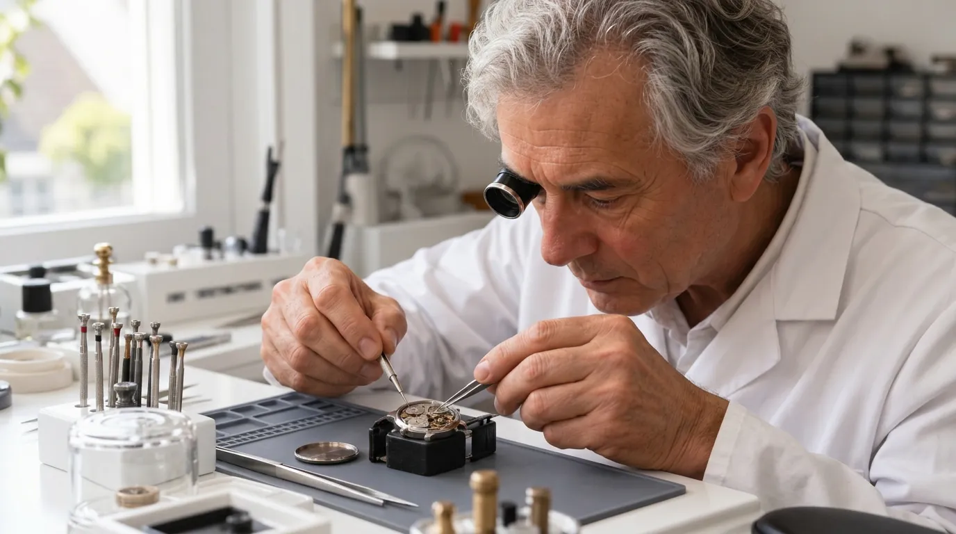 Relojero con lupa y pinzas trabajando sobre el mecanismo abierto de un reloj Bulova en su mesa de taller